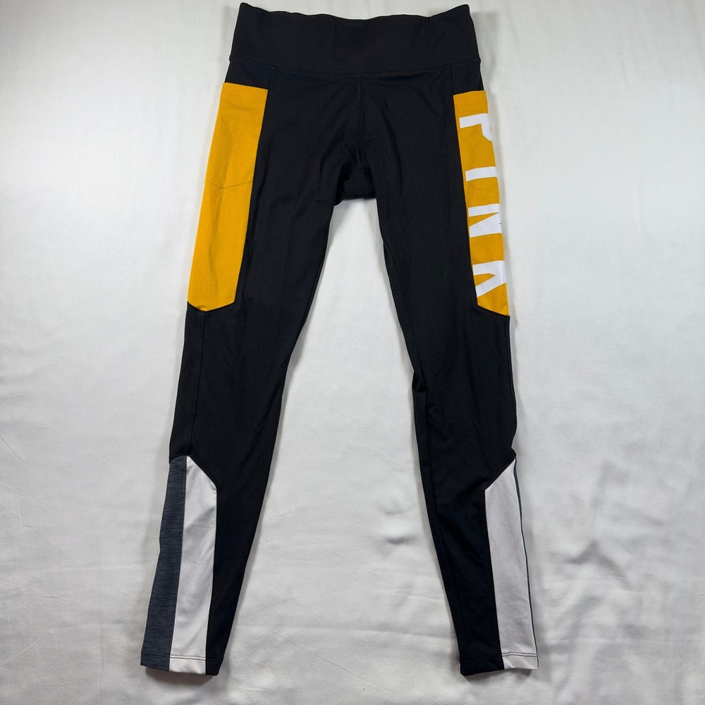 PINK Victoria's Secret‎ Leggings Womens Small Black White Orange Logo Colorblock